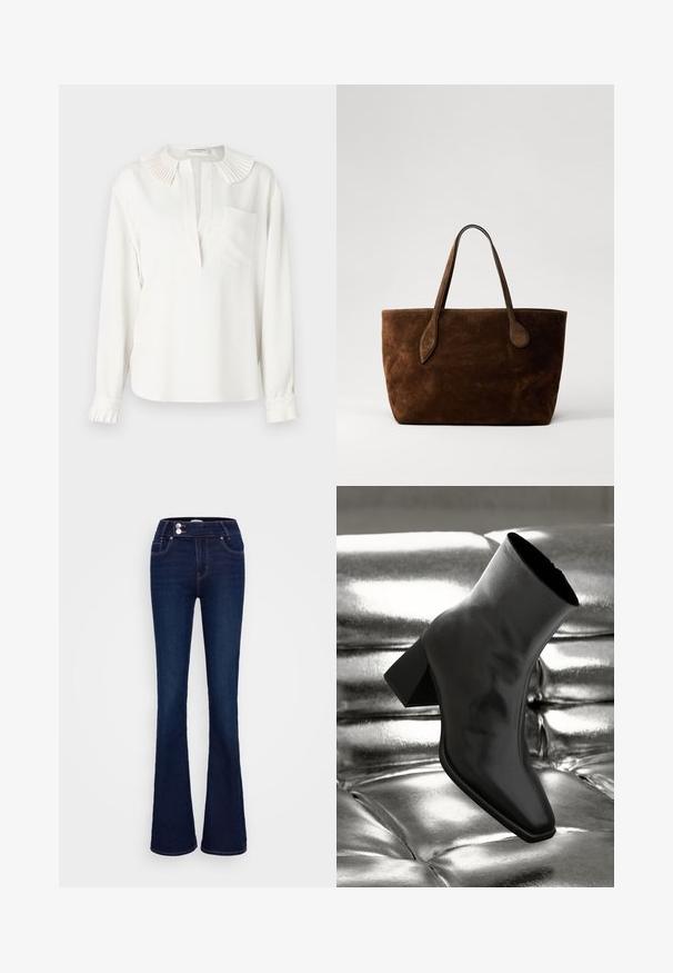 Fehér, hosszú ujjú blúz plisszírozott gallérral, elülső gombolással és egyetlen mellzsebbel. Jellemzője a gyűrt mandzsetta plisszé részletekkel.; Sötétkék bővülő farmernadrág, magas derékkal, két elülső zsebbel és két gombos záródással. Finom textúrájú denim anyagból készült.; Fekete bokacsizma fényes anyagból, négyzetes orral és szűkített sarkú, egy csillogó ezüst kárpitozott háttér előtt.; Liffner MEGA SPROUT TOTE - Bevásárlótáska - dark brown