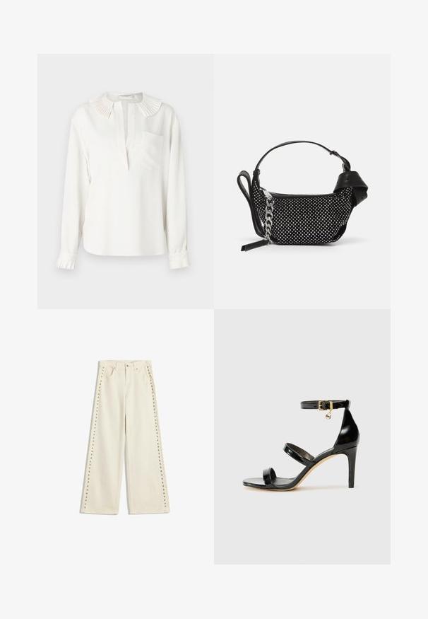 Weiße Bluse mit langen Ärmeln, einem plissierten Kragen, einer Knopfleiste und einer einzelnen Brusttasche. Mit gerafften Bündchen und Plissee-Details.; Helle cremefarbene weit geschnittene Jeans mit Metallnieten entlang der äußeren Nähte, fünf Taschen und einem normalen Knopfverschluss.; Schwarze Lackleder-Sandale mit drei Riemen, Knöchelriemen und 10 cm hohen Stiletto-Absatz. Verfügt über goldfarbene Hardware-Details und ein Logo-Charm.; Schwarze Handtasche mit Nietenverzierungen, einer Kettenriemen und einem glatten Ledergriff, in runder Form und mit einem Reißverschlussfach.