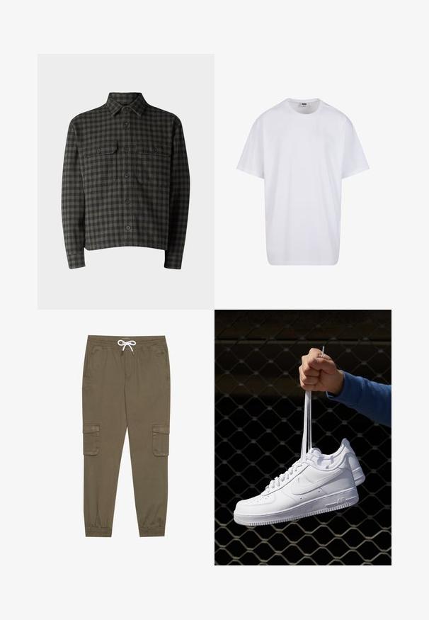 Abercrombie & Fitch DOBBY - Pluus - green; Valge puuvillane t-särk lühikeste varrukatega, ümmarguse kaelusega, lõdva lõikega ja ilma nähtavate logodeta või mustriteta. Sile tekstuur ja minimaalne disain.; Khaki cargo püksid elastse vöökoha ja stringiga, külgtaskud ja voltidega pahkluude juures. Valmistatud tekstureeritud, kerget materjalist.; Valged nahast tennisetossud, millel on perforatsioonid, ümar nina, lame tallus ja paksud nöörid, nähtava swooshi logoga ja "AIR" kontsadel.