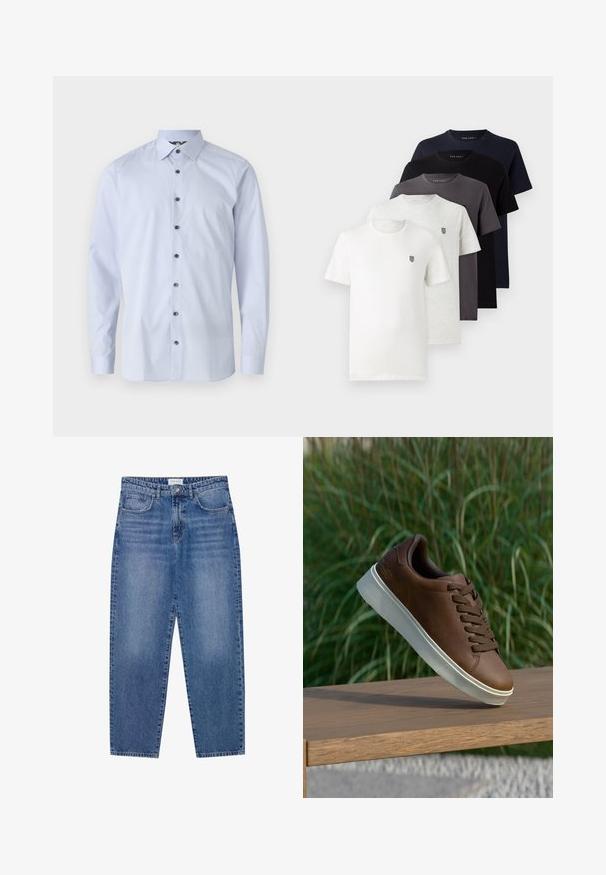 Jasnoniebieska koszula z długim rękawem wykonana z bawełny. Posiada kołnierzyk zapinany na guziki i sześć kontrastowych ciemnych guzików z przodu. Gładka tekstura.; Pięć bawełnianych t-shirtów z krótkim rękawem w kolorach białym, jasnoszarym, ciemnoszarym, granatowym i czarnym, z małym logo na piersi.; Niebieskie dżinsy o wysokim stanie, prostym kroju nogawki i wyblakłym wykończeniu. Posiadają pięć kieszeni i zapięcie na guzik.; Brązowe skórzane sneakersy z białą gumową podeszwą, okrągłym noskiem i brązowymi sznurówkami. Teksturowany uchwyt na podeszwie i gładkie wykończenie na górze.