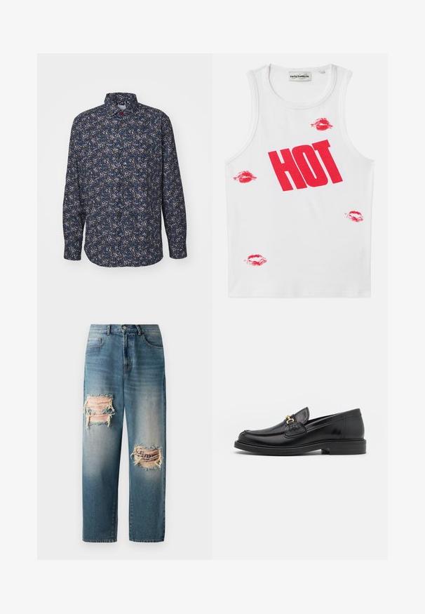 Kék és fekete hosszú ujjú ing virágmintával. Gombos gallérral és gombokkal a fronton. Könnyű anyagból készült.; Fehér bordázott trikó, nagyméretű piros "HOT" felirattal és piros ajakmintás díszítéssel. Tiszta nyakkivágás és karöltők, laza uniszex dizájn.; Világoskék, laza szabású farmernadrág, amelyen két megkopott folt található az elején, rojtos szélekkel és elhalványult mosással.; Fekete bőr loaferek, lekerekített orral, aranyszínű fémrész és varrási részletek díszítik, alacsony, strukturált gumitalpon.