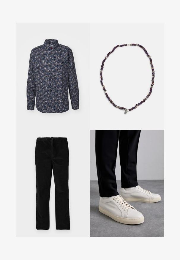 Srajca s dolgimi rokavi v modri in črni barvi z cvetličnim vzorcem. Ima ovratnik s gumbi in gumbe po sprednji strani. Narejena je iz lahkega materiala.; Črne ravne sametne hlače z elastičnim pasom in sprednjim vrvico, prikazane na enobarvni beli podlagi.; Svetlo bež usnjeni športni čevlji z ravnimi vezalkami, teksturirano površino in kontrastnim smetanastim gumijastim podplatom, v kombinaciji s črnimi oprijetimi hlačami.; Večbarvna ogrlica iz perlic z temno modrimi, rdečimi in rumenimi perlicami, prepletenimi s srebrnimi poudarki in visečim čarom.