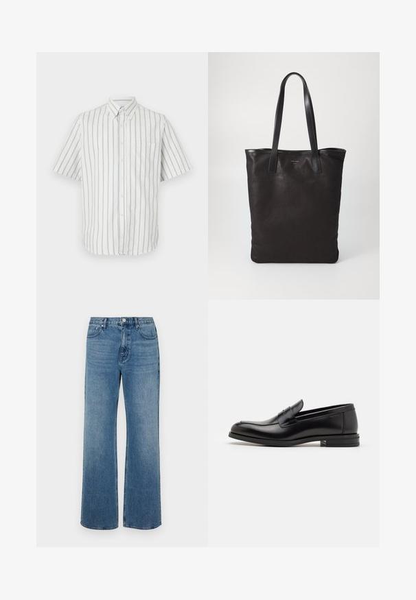 Lyhythihainen nappipaita valkoisena, jossa on tummanharmaita pystysuoria raitoja. Paidassa on vasemmalla rinnalla tasku ja standardimallinen kaulus.; Levelederg blå jeans laget av denim med en falmet finish. Har fem lommer, glidelås foran og rett snitt.; Mustat nahkakengät, joissa on sileä pinta, pyöreä kärki ja koristeellinen nauha jalkapöydän yli. Matala pinoitu koroke, minimalistinen muotoilu.; Mustat kangaskassit mustilla nahkahandleilla. Yksinkertainen muotoilu, tilava runko ja sileä pinta. Ei näkyviä logoja tai kuvioita.