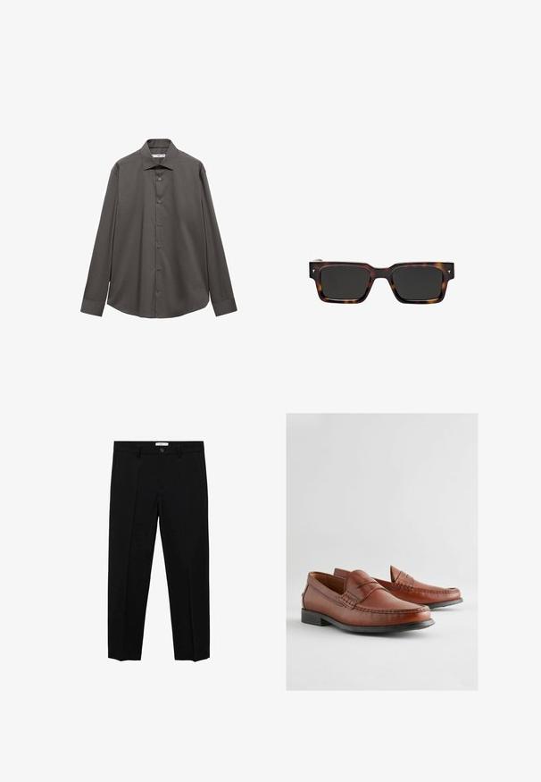 Langsleeve shirt in donkergrijs, gemaakt van een gladde stof. Beschikt over een kraag, knoopsluiting aan de voorkant en een afgeronde zoom met een relaxed fit.; Zwarte op maat gemaakte broek met een rechte pasvorm, voorzien van een enkele knoopsluiting, ceintuurlussen en voorzijden plooien. Gemaakt van een gladde stof.; Bruine leren instappers met een moccasinontwerp, voorzien van gestikte accenten, een platte rubberen zool en een sierlijke, afgeronde teenvorm.; Massimo Dutti RECTANGULAR - Zonnebril - dark brown