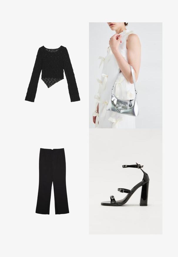 Čierny čipkový top s dlhými rukávmi a skráteným predným dielom, pričom má textúrovaný kvetinový vzor a asymetrický spodný lem.; Čierne nohavice so strihom rovného strihu, s prednými vreckami a bočnými rozparkami na leme. Vyrobené z mäkkej, hladkej tkaniny. Vhodné na rôzne príležitosti.; Čierne lakované sandále na podpätku so štvorcovou špičkou, navlečenými remienkami okolo členku a striebornými prackami. Disponujú masívnym blokovým podpätkom pre stabilitu.; Strieborná metalická kabelka so štruktúrovaným tvarom, ktorá má hornú rukoväť a mašľu na prednej strane. Hladká textúra, reflexný povrch.