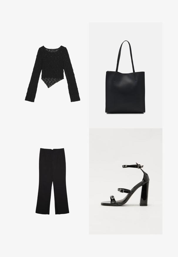 Crna čipkasta bluza dugih rukava s skraćenim prednjim dijelom, koja ima teksturirani cvjetni uzorak i asimetričnu obrubu.; Crne hlače ravnog kroja, s prednjim džepovima i bočnim prorezima na rubu. Izrađene od mekog i glatkog materijala. Pogodne za razne prigode.; Crne lakirane sandale na pete sa kvadratnim nosom, trakama oko gležnja i srebrnim kopčama. Imaju čvrst blok petu za stabilnost.; Crna kožna torba za nošenje s glatkom teksturom, pravokutnim oblikom i dvije duge ručke. Nema vidljivih metalnih dijelova ili ukrasa.