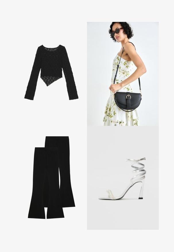 Top lung cu dantelă neagră și mâneci lungi, cu un față scurtă, având un model floral texturat și o margine asimetrică.; Pantaloni negri evazați din țesătură elastică, cu un talie înaltă și o textură fină, având un design ajustat care se lărgește de la genunchi.; Sandale argintii cu toc înalt, cu un design strălucitor al baretei, având un accent asemănător unei perle și o curea spiralată pentru prindere sigură.; Geantă din piele neagră, cu o formă curbată, curea detașabilă și accesorii aurii. Geanta are un capac cu un detaliu tip cataramă.