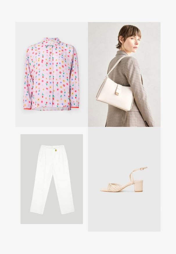 Light pink blouse featuring a floral pattern with red, yellow, and blue flowers, smiling faces, and a button-down front design. Long sleeves with red accents.; White, wide-leg trousers made of smooth fabric. Features a single yellow button closure and pleated front design. No visible pockets.; Beige strappy heeled sandal with a square toe, twisted front design, ankle strap, and block heel. Smooth texture, minimalistic style.; White leather handbag with a structured design, featuring a magnetic clasp and a shoulder strap, showcased against a neutral background.