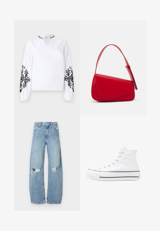 Vit blus med långa ärmar, med svart blommönster broderat på ärmarna och en V-ringning med volangdetaljer. Tillverkad av ett lättviktigt tyg.; Ljusblå, högmidjade jeans i denim. Har vida ben, två slitna knäområden och klassisk femfickedesign.; Vit hög topp canvas sneaker med svart gummisulan, framsidan gummitåhätta och sex öglor för snören, med en ren, minimalistisk design.; Röd läderhandväska med en vinkelrät, geometrisk design. Har ett justerbart axelband och en klaffstängning med sydda detaljer.