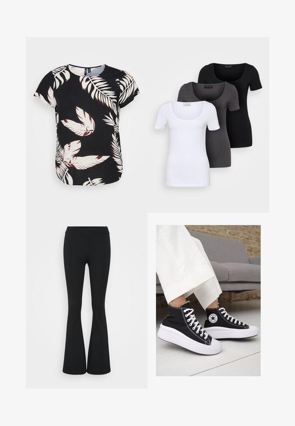 Haut noir avec un motif de feuilles en blanc et bordeaux. Manches courtes, encolure ronde et coupe ample avec un ourlet arrondi.; Trois T-shirts ajustés en blanc, gris et noir. Chacun présente un décolleté large et des manches courtes. Fabriqués en tissu lisse et extensible.; Pantalon évasé noir en tissu extensible, présentant une taille haute et une texture lisse. Le pantalon s'élargit à partir du genou.; Baskets montantes en toile noire avec semelles et lacets en caoutchouc blanc. Elles présentent un logo circulaire sur le côté et un contraste de coutures blanches.