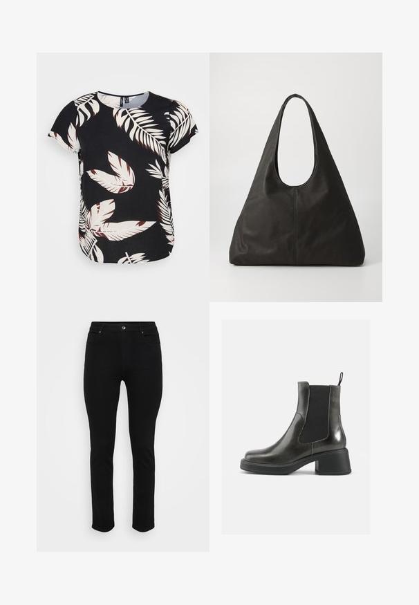 Haut noir avec un motif de feuilles en blanc et bordeaux. Manches courtes, encolure ronde et coupe ample avec un ourlet arrondi.; Jean denim noir avec une coupe slim, design à cinq poches, fermeture à bouton à l'avant et légère élasticité pour le confort. Texture plate et lisse avec un minimum de détails.; Bottines noires en cuir avec une finition lisse, des panneaux latéraux élastiques et un talon épais. Dispose d'une languette pour un enfilage plus facile.; Sac fourre-tout en cuir noir avec une poignée courbée, forme triangulaire allongée et texture lisse. Présente un design minimaliste sans matériel visible.; Boucles d'oreilles en métal argenté avec un design ondulé et sculptural, présentant une finition polie et des formes irrégulières, mettant en valeur une esthétique contemporaine.