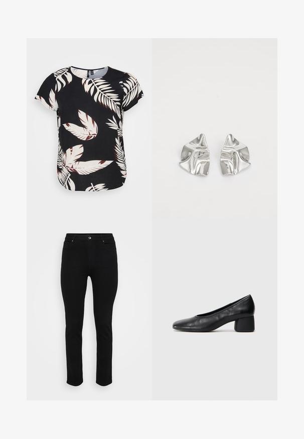 Zwarte top met een bladerenpatroon in wit en bordeauxrood. Korte mouwen, ronde halslijn en een losse pasvorm met een gebogen zoom.; Zwarte denim jeans met een slim fit, vijf-pocket ontwerp, voorste knoopsluiting en lichte stretch voor comfort. Plat, gladde textuur met minimale details.; Zwarte leren pump met een ronde neus en een middenblokhak. Glad textuur met minimale details, voorzien van een subtiele elastische opening.; Zilveren metalen oorbellen met een golvend, sculpturaal ontwerp, voorzien van een gepolijste afwerking en onregelmatige vormen, die een hedendaagse esthetiek benadrukken.