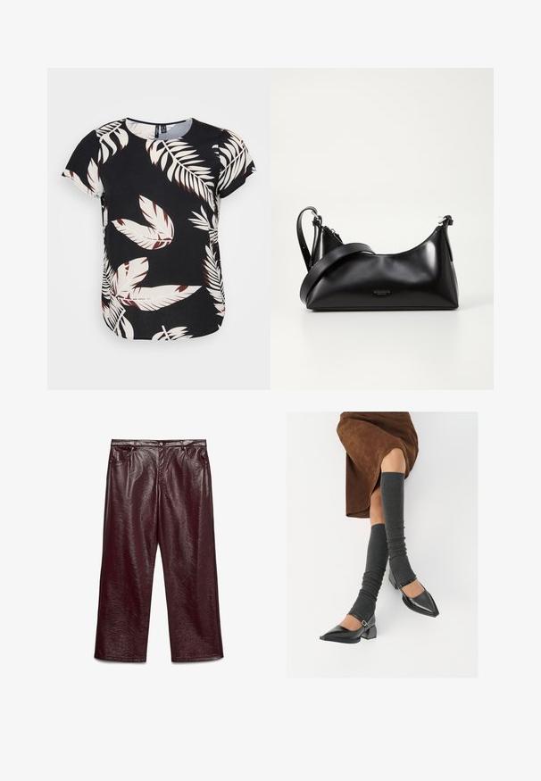 Black top featuring a leaf pattern in white and maroon. Short sleeves, round neckline, and a loose fit with a curved hem.; Burgundy faux leather wide-leg pants with a shiny texture, five pockets, and silver hardware detailing.; Black patent leather pointed-toe shoes with a block heel and ankle strap, paired with gray ribbed leg warmers and a brown suede skirt.; Black leather handbag with a smooth texture. Features an adjustable strap and a sleek, minimalistic design with a zip closure.