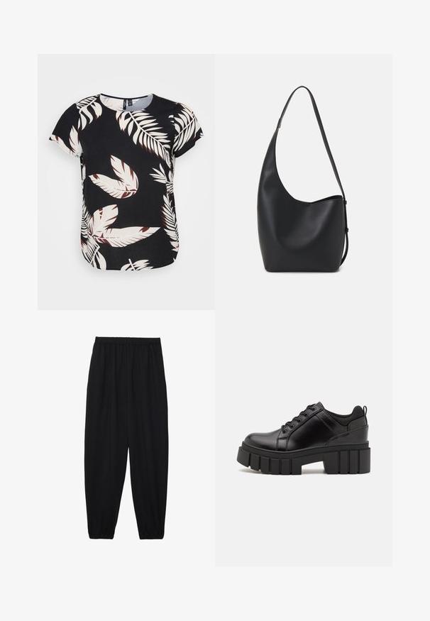 Svart topp med et løvdesign i hvitt og maroon. Korte ermer, rund hals og en løs passform med bølget nederkant.; Svarte, lette bukser med elastisk liv og rynkede ankler. Stoffet er glatt og har en avslappet, innsvingt design.; Svarte lærplattformsko med kraftig blokkhell, rund tå og tradisjonell snøring. Har en jevn tekstur og minimal detaljering.; Svart lær hobo-veske med glatt tekstur, buet form og enkelt justerbart stropp; har en bred åpning på toppen.
