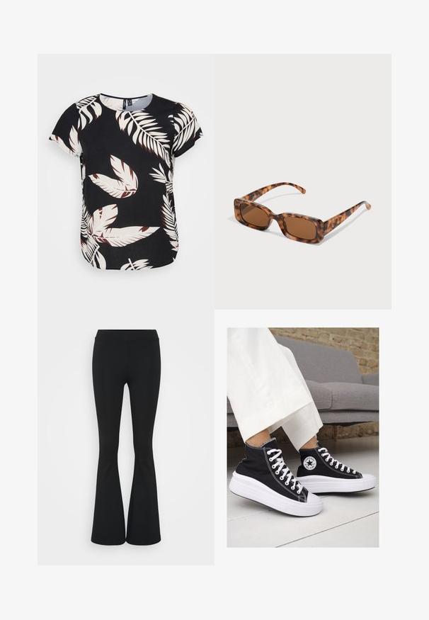 Black top featuring a leaf pattern in white and maroon. Short sleeves, round neckline, and a loose fit with a curved hem.; Black flared pants made of stretchy fabric, featuring a high waistband and a smooth texture. The pants flare out from the knee.; Black canvas high-top sneakers with white rubber soles and laces. Features a circular logo on the side and contrasting white stitching.; Tortoiseshell sunglasses with rectangular brown lenses, a thick frame, and slim arms featuring a pattern of varying shades of brown.; Silver metal earrings with a wavy, sculptural design featuring a polished finish and irregular shapes, highlighting a contemporary aesthetic.