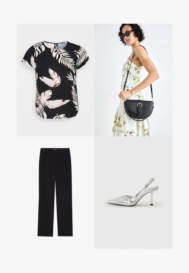Svart topp med et løvdesign i hvitt og maroon. Korte ermer, rund hals og en løs passform med bølget nederkant.; Sorte kordfløyelsbukser med rett snitt, med flat midje og ingen synlige lommer, glatt tekstur og vertikal ribbestruktur.; Sølv slingback høyhelte sko med spiss tå, metallisk finish, to dekorative stropper, og en slank hæl med svart tupp.; Svart lærveske med en buet form, avtagbar stropp og gullbeslag. Vesken har et klaff med spenne-detall.