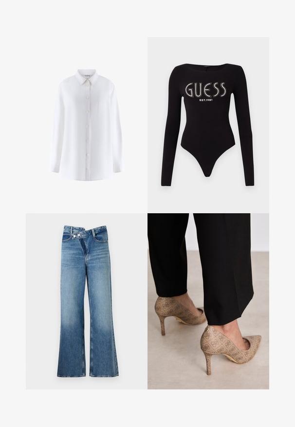 Weißes Langarmhemd mit Kragen, Knopfleiste vorne, Brusttasche und glatter Stofftextur.; Schwarzer langärmliger Body mit einem runden Ausschnitt, der "GUESS" aus Strass und "EST.1981" in Weiß zeigt, aus dehnbarem Material gefertigt.; Helle, blaue Jeans mit weit ausgestellt Bein und hoher Taille, ausgestattet mit zwei Knöpfen und vorderen Taschen. Der Stoff hat eine ausgewaschene Textur mit subtilen Variationen.; Beige High Heels aus strukturiertem Stoff mit einem sich wiederholenden Muster. Spitz zulaufendes Design mit einer Rückenausschnitt und goldenen Absatz.