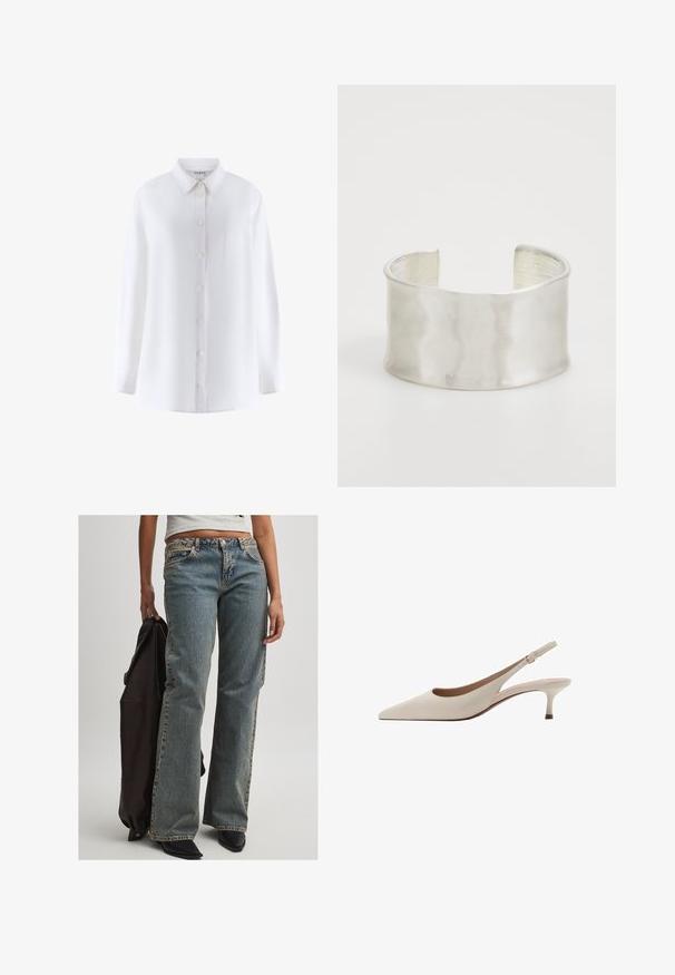 Camicia bianca a maniche lunghe con colletto, chiusura frontale a bottoni, taschino sul petto e una texture del tessuto liscia.; Jeans in denim azzurro chiaro con una vestibilità rilassata, dotati di vita media, cuciture visibili e un classico design a cinque tasche. Sono presenti anche scarpe nere e una giacca scura.; Tacchi slingback beige con punta affusolata e tacco basso a campana. Realizzati in pelle liscia con un design minimalista e cinturino regolabile.; Zign Bracciale - silver-coloured