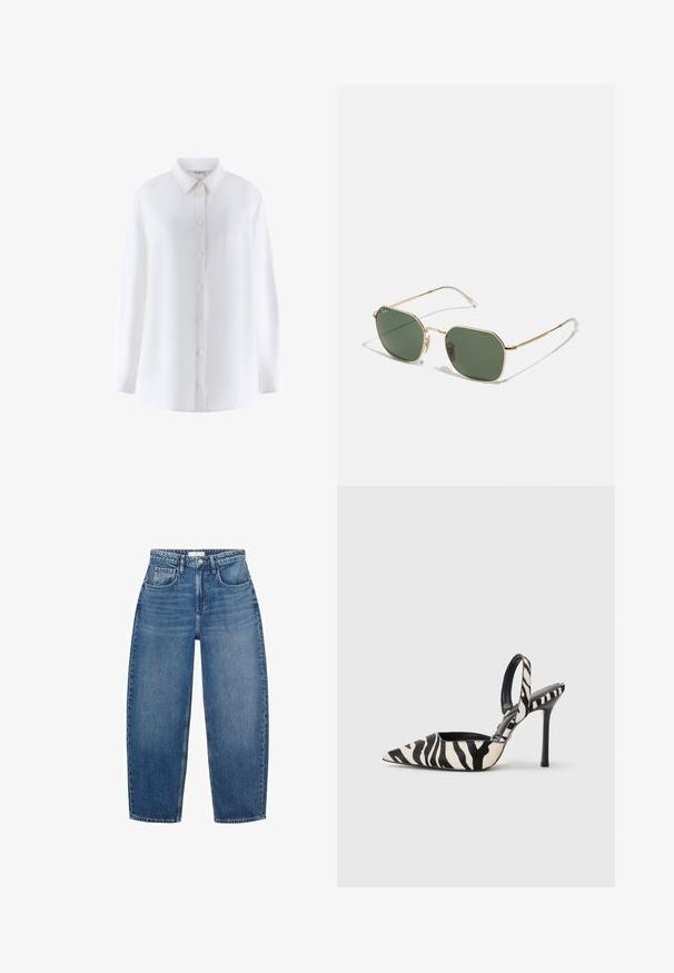 White long-sleeve shirt with a collar, front button closure, chest pocket, and a smooth fabric texture.; High-waisted blue denim jeans with a straight leg design, featuring five pockets, belt loops, and subtle fading for added texture.; Pointed-toe slingback heel in black and cream zebra print, featuring a slim high heel and open back design with a black interior.; Gold-framed sunglasses with green lenses, featuring an octagonal shape, thin temples, and transparent tips. Minimalist design and hardware accents.