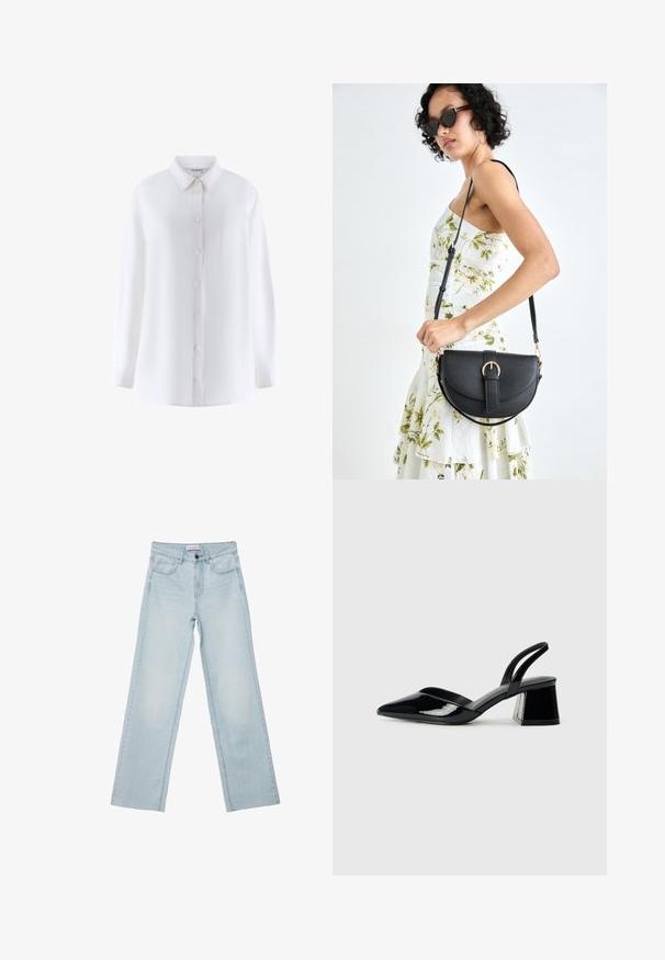 Weißes Langarmhemd mit Kragen, Knopfleiste vorne, Brusttasche und glatter Stofftextur.; Hellblaue weit geschnittene Jeans aus Denim. Verfügt über fünf Taschen, einen Knopfverschluss und ausgeblichene Details. Klassischer gerader Schnitt mit lockerer Passform.; Schwarze Lackleder-Slingback-High Heels mit spitzem Schuh und einem geometrischen Blockabsatz. Verfügt über ein schlankes, minimalistisches Design und eine glatte Textur.; Schwarze Lederhandtasche mit geschwungener Form, abnehmbarem Tragegurt und goldenen Beschlägen. Die Tasche verfügt über einen Deckel mit einer Schnallen-Details.
