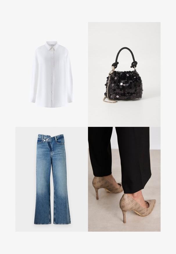 Balta ilgomis rankovėmis marškinių su apykakle, priekiniais mygtukais, krūtine kišene ir lygiu audinio tekstūru.; Šviesiai mėlynos džinsinės kelnes platėjančios apačios, aukštu liemeniu, su dviem saga ir priekinių kišenių detalėmis. Medžiaga turi išblukusį tekstūrą su subtiliais skirtumais.; Smėliniai aukštakulniai bateliai su tekstūruotu audiniu, kuriame yra pasikartojanti tekstūra. Išgaubtas pirštas, su užpakaline akcentu ir auksiniu kulno detaliu.; Juodas blizgučių mini rankinukas su mazguotu tekstūruotu dirželiu ir sidabro grandine. Suapvalinta forma su susiraukšlėtopu ir atspindinčiomis detalėmis.