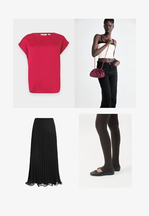 Rød kortermet topp laget av glatt stoff, med rund hals og oppbrettede ermer. Enkelt design med løs passform og rett nederkant.; Svart plissert maxiskjørt laget av lett materiale med et flytende design. Har en volangkant og elastisk midje for komfort.; Sorte flate sko med en liten sløyfedetalj på tåen, kombinert med mørkebrune ribbede strømpebukser. Skoene har en glatt overflate og lav profil.; Burgunderfarget myk stoffhåndveske med en samlet design og en lang stropp, båret som en crossover. Modellen har på seg en hvit crop-top og svarte jeans.
