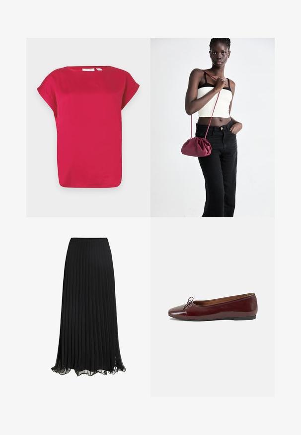 Rdeča majica s kratkimi rokavi iz gladkega materiala, z okroglim izrezom in zvitimi rokavi. Preprost dizajn z sproščenim krojem in ravnim robom.; Črna plisirana maxi krila iz lahkega materiala s tekočim dizajnom. Ima obrobo z naborki in elastični pas za udobje.; Burgundska patenti usnjeni baletni čevlji z zaobljenim prstom, majhnim lokom na sprednji strani in nizkim črnim gumijastim podplatom. Gladka tekstura.; Burgundska mehka torbica z zbranim dizajnom in dolgim trakom, nošena čez telo. Model nosi belo kratko majico in črne kavbojke.