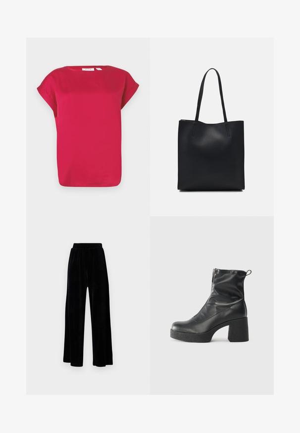 Czerwona bluzka krótki rękaw, wykonana z gładkiego materiału, z okrągłym dekoltem i podwiniętymi rękawami. Prosty krój z luźnym fasonem i prostym dołem.; Czarne spodnie z szerokimi nogawkami wykonane z miękkiego weluru, z elastycznym pasem i gładką fakturą, bez widocznych detali czy wzorów.; Czarne botki za kostkę wykonane z gładkiej skóry, wyposażone w boczny zamek błyskawiczny, masywny teksturowany obcas oraz zaokrąglony czubek.; Czarna skórzana torba tote o gładkiej fakturze, prostokątnym kształcie i dwóch długich uchwytach. Brak widocznych elementów metalowych i ozdób.