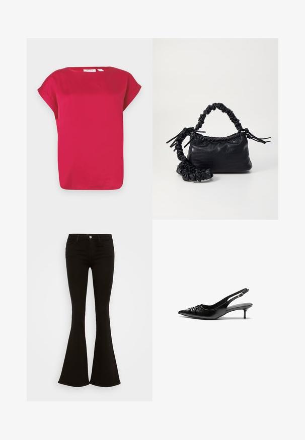Červený top s krátkým rukávem vyrobený z hladké tkaniny, má kulatý výstřih a ohrnuté rukávy. Jednoduchý design s volným střihem a rovným lemem.; Černé džínové kalhoty s vysokým pasem, zvonového střihu, s předním zapínáním na knoflík, poutky na opasek a pěti kapsami, vystavené na bílém pozadí.; Černé kožené lodičky na slingback s špičatou špičkou, malým podpatkem typu kitten a ozdobným uzlem na přední straně. Hladký povrch po celém obvodu.; Černá kabelka z umělé kůže s krokodýlím vzorem, staženým vrškem a zmačkaným popruhem. Zdá se, že má měkký a kompaktní design.