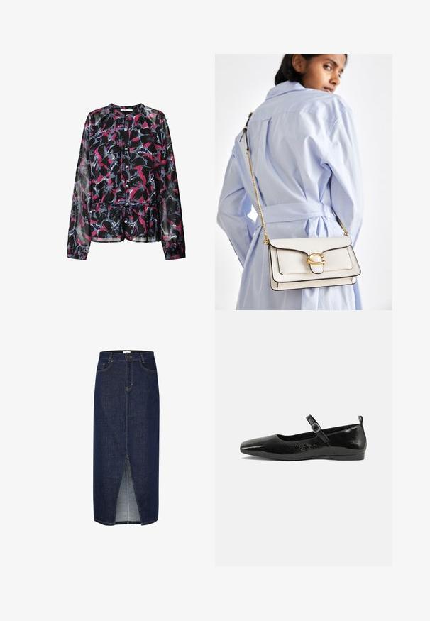 Črna bluzica z cvetličnim vzorcem v rožnati, modri in beli barvi. Ima dolge rokave, sprednje gumbe in nabran pas za ohlapen kroj.; Denim svinčnik krilo v temno modri barvi z razporkom spredaj, z rumenimi šivi in klasičnim dizajnom s petimi žepi. Zapiranje na zadrgo na hrbtu.; Črne lakirane balerinke s koničastim nosom, trakkom okoli gležnja s sponko in gladko, sijočo teksturo. Nizek peti za udobje.; Bela usnjena torbica z zlatim dodatki, sprednjim poklopcem in črnimi robovi, ki ima verižni trak nošen čez telo proti svetlo modri srajci.