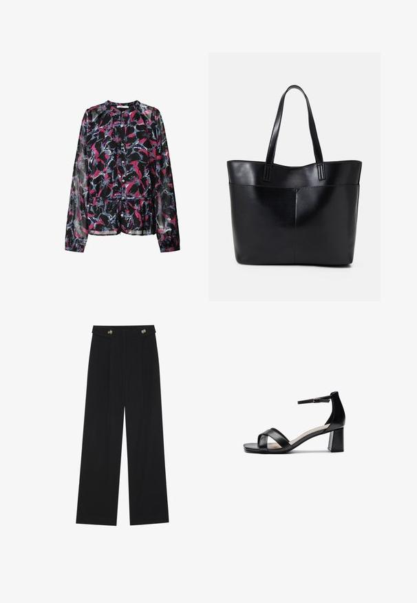 Blusa nera con motivo floreale in rosa, blu e bianco. Caratterizzata da maniche lunghe, chiusura con bottoni e vita arricciata per una vestibilità morbida.; Pantaloni neri a gamba larga con vita alta, dettagli con bottoni in vita e pieghe frontali.; Sandalo con tacco aperto nero, con cinturini incrociati, fibbia regolabile alla caviglia e tacco spesso, con una texture in pelle liscia.; Borsa a tracolla in pelle nera con due manici lunghi, una texture liscia e una forma strutturata. Presenta una tasca frontale per ulteriore spazio di archiviazione.