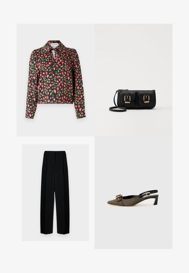 Blusa nera con un motivo floreale di fragole rosse e foglie verdi, dotata di colletto e apertura a forma di chiave sullo scollo.; Pantaloni neri a gamba larga con vita alta, dotati di pieghe e una texture liscia. Il tessuto sembra leggero e si drappeggia in modo elegante.; Décolleté con punta appuntita, in tessuto a motivi marroni, con dettagli in fibbia dorata, cinturino in pelle nera e tacco corto a blocco.; Borsa a tracolla nera in pelle con due tasche frontali, fibbie dorate, chiusura con zip e una tracolla sottile. Superficie texturizzata e forma rettangolare compatta.