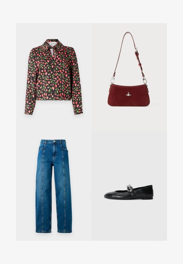 Crna bluzica s cvjetnim uzorkom crvenih jagoda i zelenog lišća, s ovratnikom i ključnom rupom na dekolteu.; Visoke plave traperice s širokim nogavicama, prednjim vertikalnim šavovima, bočnim džepovima, petljama za remen i kopčanjem na dugme.; Crne kožne baletanke s špicastim nosom, s remenom s okruglom metalnom kopčom i ravnim potplatom.; Crvena suede torba preko ramena s zakrivljenim oblikom. Ima srebrni naglasak i podesivu traku s detaljima od hardvera. Glatka tekstura.