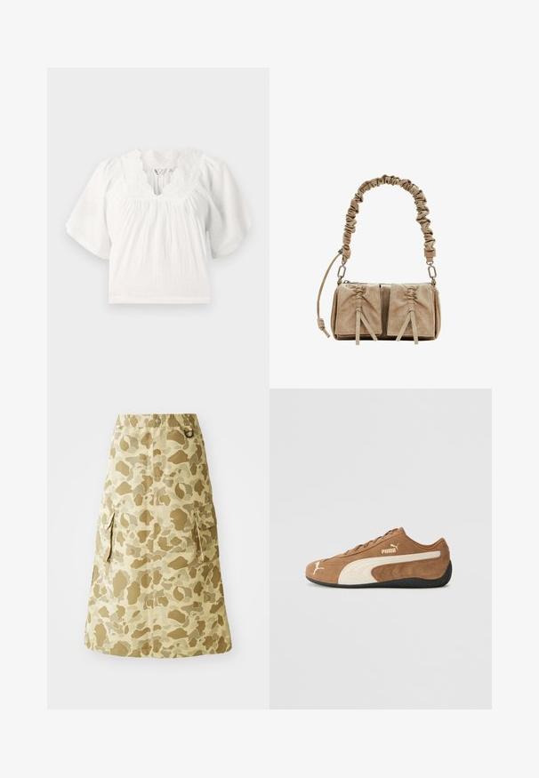Blusa bianca con maniche corte a sbuffo, tessuto testurizzato, scollatura ondulata e dettagli ricamati lungo il colletto. Vestibilità casual.; Gonna khaki con motivo mimetico, realizzata in un materiale liscio, con una cintura elastica e due tasche laterali.; Sneaker bassa in suede marrone con accenti crema, superficie texture, suola in gomma nera e logo ricamato sul lato e sulla linguetta.; Borsa in suede beige con manico in tessuto arricciato, due tasche frontali con chiusura a cordoncino e sottili accenti di texture.