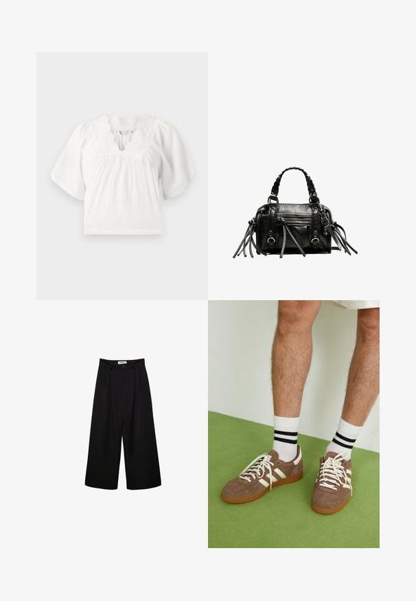 Blusa bianca con maniche corte a sbuffo, tessuto testurizzato, scollatura ondulata e dettagli ricamati lungo il colletto. Vestibilità casual.; Pantaloni neri a gamba larga con vita alta, fronte pieghettato e chiusura con bottone. Realizzati in tessuto morbido con un design sartoriale.; Sneaker in suede marrone con dettagli e lacci bianchi. Suola in gomma color gomma. Indossati con calzini bianchi con righe nere. Pavimento verde texturizzato.; Borsa a mano in pelle nera con manici intrecciati, superficie testurizzata, tasca frontale con zip e dettagli decorativi in frange. Forma compatta e ben strutturata.