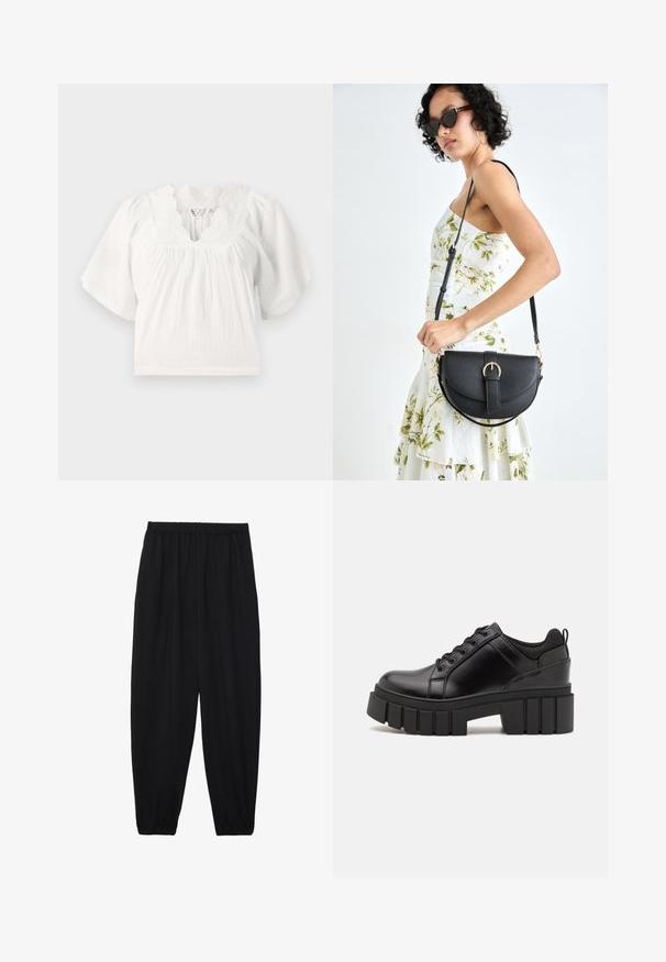 Balta blūze ar īsām puff piedurknēm, strukturēta auduma, viļņota kakla izgriezuma un izšūtiem detalizējumiem gar apkakli. Ikdienišķa piegriezums.; Melnas, vieglas bikses ar elastīgu jostu un savilktiem potītiem. Audums ir gluds un to raksturo brīva, sašaurināta forma.; Melnas ādas platformas kurpes ar masīvu bloku papēdi, apaļu purngalu un tradicionālu saistīšanas dizainu. Izceļas ar gludu tekstūru un minimālu apdari.; Melnas ādas rokassoma ar izliekta formu, noņemamu siksnu un zelta aksesuāriem. Somai ir vāciņš ar sprādzes detaļu.