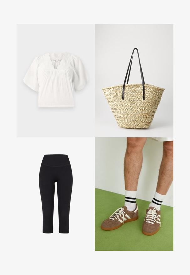 Biała bluzka z krótkimi bufkami, teksturowany materiał, wycięcie w kształcie muszelki na dekolcie oraz haftowane detale wzdłuż kołnierza. Luźny krój.; Czarne legginsy za kostkę wykonane z elastycznego materiału, z wysokim stanem i bez widocznych wzorów czy elementów metalowych.; Brązowe zamszowe sneakersy z białymi akcentami i sznurówkami. Gumowa, brązowa podeszwa. Noszone z białymi skarpetkami w czarne paski. Zielona teksturowana podłoga.; Woven straw tote bag o szerokim, stożkowatym kształcie, z dwoma czarnymi skórzanymi uchwytami. Naturalny beżowy kolor o fakturowej powierzchni.