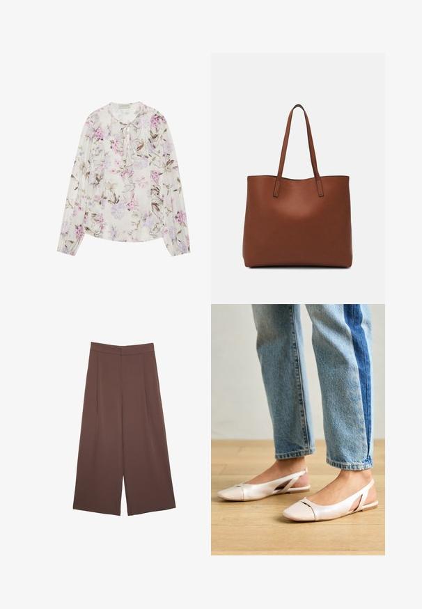 Blomsterbluse i lysecreme stof med nuancer af lilla og pink blomster, flæse foran, snorelukning i halsen og lange ærmer.; Brune bredbunde bukser med en glat tekstur, der har høj talje og plisseringer foran. Stoffet er let og falder løst.; Lyserøde slingback flade sko med spidse tær, lavet af et glat læderlignende materiale. Har udskæringsdetaljer på siderne og en flad hæl.; Brun læder tote taske med en glat overflade, åben topdesign og to skulderremme. Har minimal syning og ingen synlig hardware.