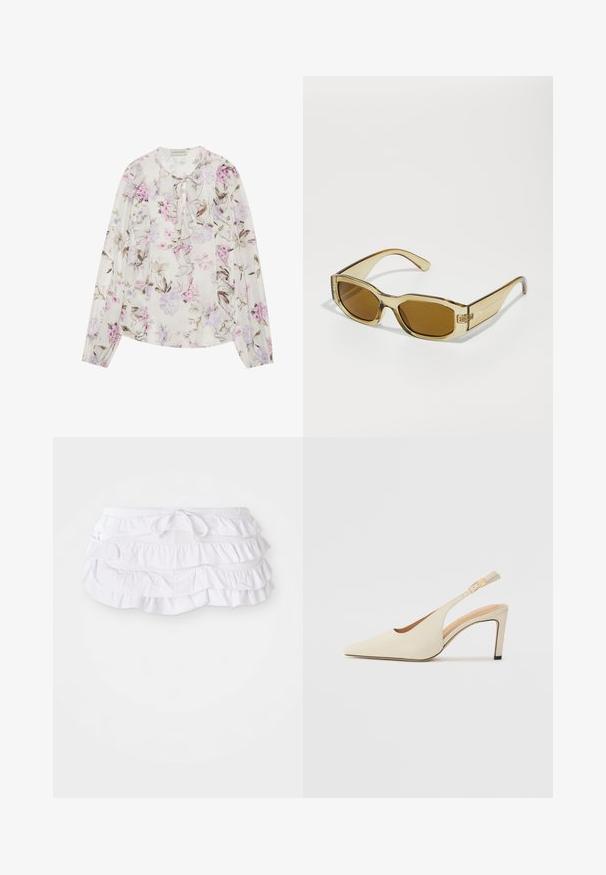 Blusa floreale in tessuto crema chiaro, con sfumature di fiori viola e rosa, davanti arricciato, scollo con nastro e maniche lunghe.; Gonna da bagno bianca a balze con più strati, dotata di vita con cordoncino per la regolazione. Tessuto morbido con una texture liscia.; Décolleté slingback beige in pelle con punta affusolata, design aperto ai lati e tacco alto sottile. Presenta un accento dorato sulla cinghia.; Occhiali da sole trasparenti color ambra con lenti rettangolari, aste spesse e una finitura lucida, con un logo sottile sul lato.; Borsa a tracolla in pelle rosa con parte superiore arricciata, tracolla in catena dorata e dettaglio logo. Indossata sulla spalla su uno sfondo bianco.