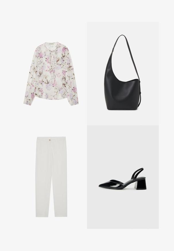 Ziedu blūze gaiši krēmkrāsā, kurā ir purpura un rozā ziedu toņi, ar viļņotu priekšpusi, ar kakla saiti un garām piedurknēm.; Baltas, pielāgots bikses ar taisnu kāju dizainu, ar pogu aizdari, jostu cilpām un sānu kabatām; gluda auduma tekstūra.; Melna lakota āda ar atvērto papēdi, ar smailu purngalu un ģeometrisku blokpapēdi. Iezīmējas elegants, minimāls dizains un gluda tekstūra.; Melnas ādas hobo soma ar gludu tekstūru, izliekta forma un vienu regulējamu jostu; augšā ir plaša atvere.