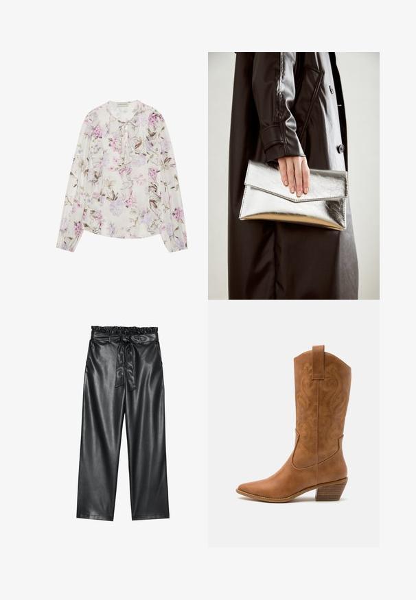 Floral blouse in light cream fabric, featuring shades of purple and pink flowers, ruffled front, tie neckline, and long sleeves.; Black faux leather wide-leg pants with an elasticated, ruffled waistband, and a detachable tie belt. Smooth texture and minimal sheen.; Tan leather cowboy boot with pointed toe, embroidered swirl patterns on shaft, and a stacked block heel. Features a pull tab for easy wear.; Silver metallic clutch with an angular envelope design, smooth texture, and contrasting interior color, held in a hand wearing a black coat.; Silver hoop earring with a polished finish, featuring small gold accent details and a round shape, worn on the lobe.