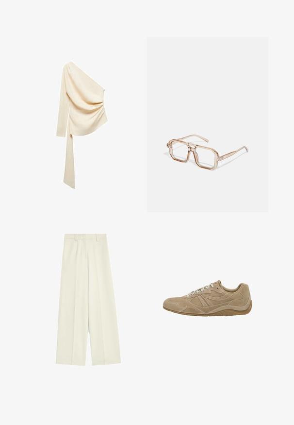Mango LAURA - Bluse - beige; Weite Hose aus cremefarbener Stoff, mit glatter Textur, vorderen Falten und geradem Schnitt von der Taille bis zum Saum.; Beige Wildledersneaker mit niedrigem Profil, strukturierten Oberflächen und weißen Schnürsenkeln. Verfügt über ein geschwungenes Design und eine Gummisohle für guten Halt.; Transparente hexagonale Brillen mit hellbraunen Farbtönen; dicke, klare Fassungen und schlanke Bügel; keine sichtbaren Logos oder Muster.; Seidenschal in hellbeige mit geometrischem Muster, das wiederholt "BOSS" und Preisschilder in Weiß zeigt. Die Kanten sind ordentlich verarbeitet.; Taschen aus braunem Leder mit doppelten Griffen und einem abnehmbaren Schultergurt. Verfügt über einen goldfarbenen Verschluss und eine strukturierte Oberfläche.