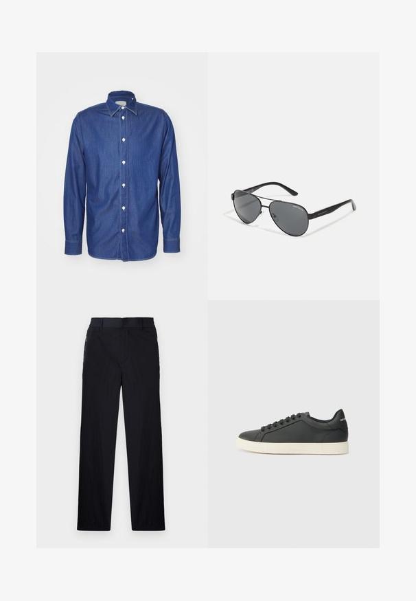 Koszula dżinsowa w ciemnoniebieskim kolorze, z długimi rękawami, zapinana na guziki z białymi guzikami, klasyczny kołnierzyk i widoczne przeszycia na szwach.; Czarne spodnie wykonane z lekkiego, teksturowanego materiału, o prostym kroju, z elastycznym paskiem i bocznymi kieszeniami na zamek.; Czarne skórzane trampki o niskim profilu, z zaokrąglonym noskiem i sznurowanym zapięciem; posiadają teksturowaną gumową podeszwę oraz detal z logo na pięcie.; Czarne okulary przeciwsłoneczne w stylu aviator z ciemnymi soczewkami, cienką metalową ramą i smukłymi plastikowymi zausznikami z akcentami logo.