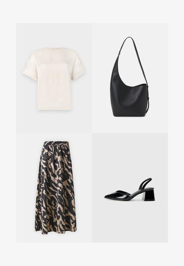 Kortermet T-skjorte med rund hals i off-white, laget av glatt stoff, med en avslappet passform og minimale sømdetaljer på ermene.; Svart og beige lang skjørt med elastisk midjebånd, med et abstrakt dyremønster og en flytende silhuett.; Svarte patentlær slingback hæler med spiss tå og geometrisk blokk hæl. Har et stilrent, minimalistisk design og jevn tekstur.; Svart lær hobo-veske med glatt tekstur, buet form og enkelt justerbart stropp; har en bred åpning på toppen.