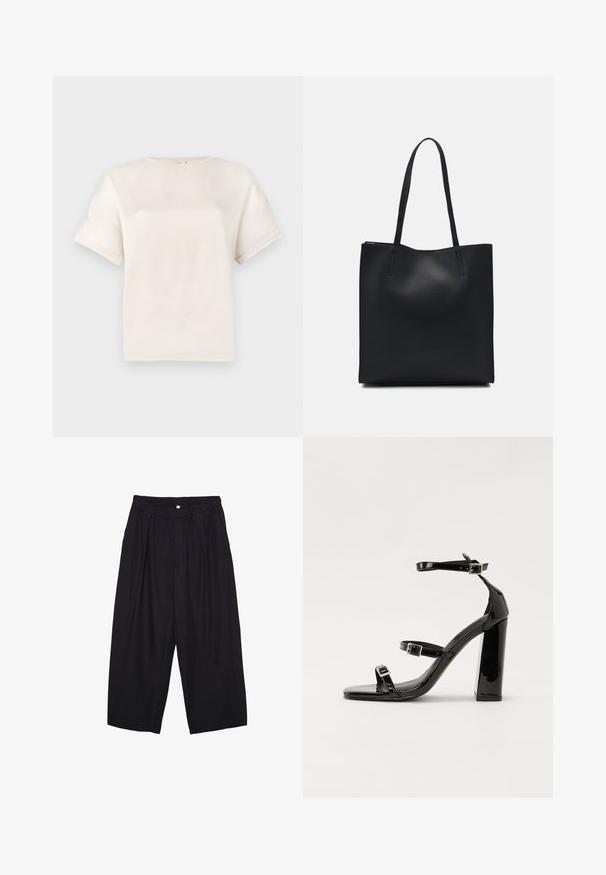 Kurzärmliges Rundhals-T-Shirt in Off-White, aus glattem Stoff gefertigt, mit lässigem Schnitt und minimalen Nähdetails an den Ärmeln.; Schwarze Polyester-Culotte mit einem elastischen Bund, zwei vorderen Falten und einer lockeren Silhouette. Keine sichtbaren Muster oder Hardware-Details.; Schwarze patentierte Sandalen mit Absatz, quadratischer Spitze, Knöchelriemen und silbernen Schnallen. Mit einem stabilen Blockabsatz für mehr Stabilität.; Schwarze Laptoptasche aus Leder mit glatter Textur, rechteckiger Form und zwei langen Griffen. Keine sichtbaren Beschläge oder Verzierungen.