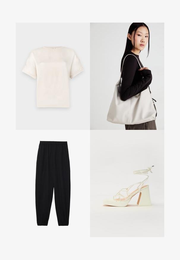 T-shirt z krótkim rękawem typu crewneck w kolorze off-white, wykonany z gładkiego materiału, o luźnym fasonie i minimalnych detalach szwów na rękawach.; Czarne, lekkie spodnie z elastycznym pasem i ściągaczami na kostkach. Materiał jest gładki i ma luźny, zwężany krój.; Biała sandał na wysokim obcasie z masywnym słupkiem, z paskowym wzorem i wiązaniem przy kostce. Gładka faktura z platformą z przodu dla dodatkowej wysokości.; Beżowa torebka wykonana z miękkiego materiału, charakteryzująca się luźnym fasonem, wyszywanymi detalami i dwoma uchwytami na ramię. Idealna na co dzień.