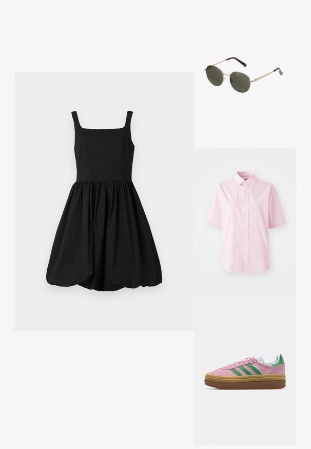 Light pink short-sleeve button-up shirt made of cotton, featuring a classic collar and subtle white logo embroidery.; Black sleeveless dress with a square neckline, fitted bodice, and gathered, flared skirt ending in a rounded hem. Smooth fabric.; Pink suede sneakers with green stripes, white accents, and a brown rubber sole. Features textured fabric and logo detailing on the side.; Round sunglasses with metallic gold frames and dark green lenses. The arms feature a tortoiseshell design for added detail.