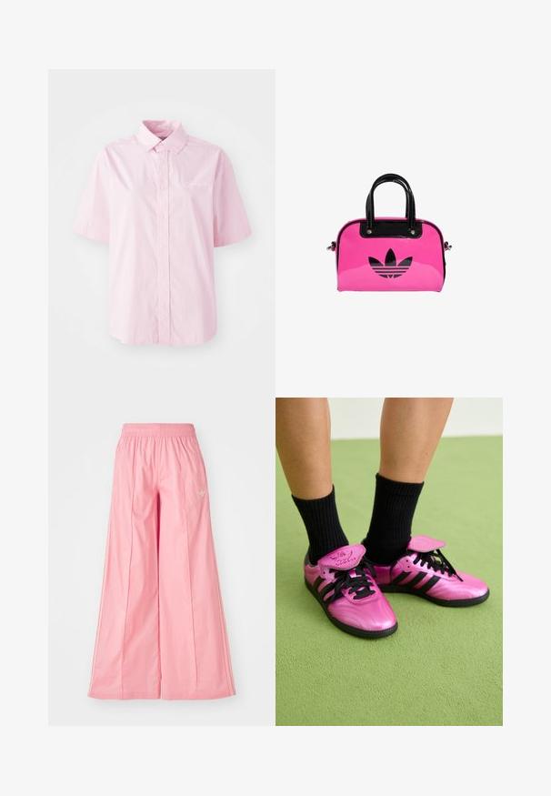 Camisa de botones de algodón de manga corta en color rosa claro, con un cuello clásico y un sutil bordado del logo en blanco.; Pantalones de pierna ancha en color rosa, hechos de un tejido ligero, con una cintura elástica y sutiles rayas blancas en los laterales. Pequeño logotipo en la parte delantera.; Zapatillas deportivas sintéticas rosas con cordones y acentos negros, que presentan un acabado brillante y un logo destacado en la lengüeta, usadas con calcetines negros.; Bolso de mano de charol rosa con un logo y asas negras, que presenta una forma redondeada y cierre de cremallera. La textura brillante realza la visibilidad.
