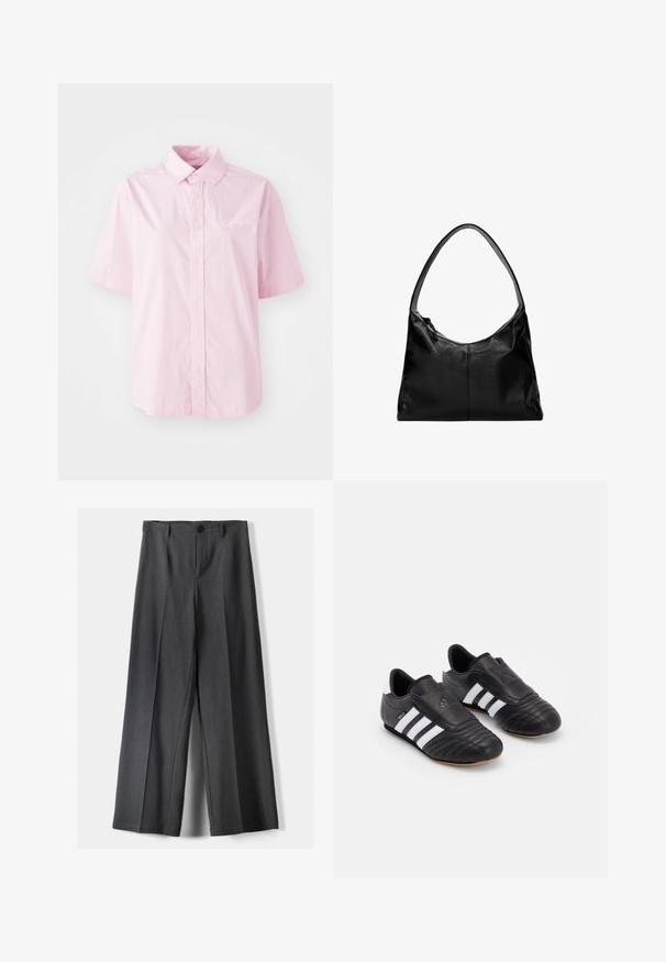 Light pink short-sleeve button-up shirt made of cotton, featuring a classic collar and subtle white logo embroidery.; Wide-leg trousers in dark grey fabric, featuring a button closure, front pleats, and belt loops. Smooth texture with a tailored design.; Black soccer shoes with a textured leather upper, featuring a padded front, three white stripes on the sides, and a gum rubber outsole.; Black leather shoulder bag with a smooth texture, a curved top, and a single strap. Features a zipper closure and minimalist design.