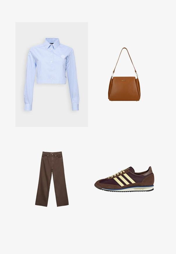 The Kooples CHEMISE - Chemisier - blue white; Jean brown à jambes larges en denim, doté d'une taille haute, de poches avant et d'une fermeture à bouton classique. Texture lisse avec des coutures subtiles.; Baskets marron et bordeaux avec des matériaux en daim et en maille, présentant trois rayures crème, un tissu texturé sur la languette et une semelle en caoutchouc.; Sac à main en cuir marron avec une surface texturée, une seule sangle pour l'épaule et un logo subtil à l'avant. Dispose d'un design structuré.